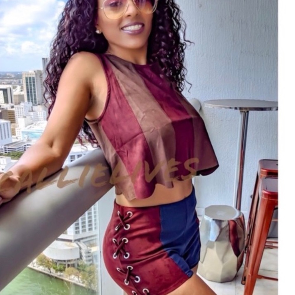 Burgundy Faux Suede Lace Up Shorts